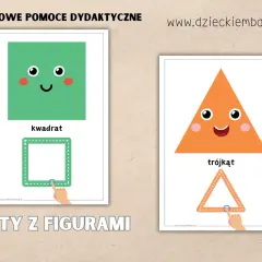 Obrazki z figur geometrycznych do druku: wesoły kwadrat i trójkąt zachęcają do nauki kształtów.