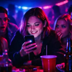 Grupa przyjaciół w klubie, rozświetlona neonami, śmieje się, przeglądając telefon. Może szukają pytań do gry prawda czy wyzwanie?