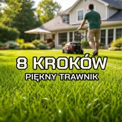 Mężczyzna kosi trawnik przed domem. Dowiedz się, jak kosic trawe, by uzyskać piękny trawnik w 8 krokach.