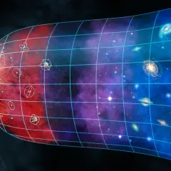 Wizualizacja **holograficznego wszechświata**: od atomów po galaktyki, wszystko w siatce czasu i przestrzeni.