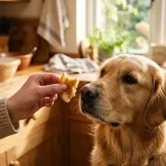 A golden retriever looks intently at a piece of pancake offered by a hand, raising the question: can dogs eat pancakes?