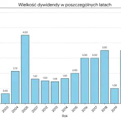 Wykres słupkowy pokazuje wielkość dywidendy na akcję Orlenu w latach 1999-2024. Najwyższa dywidenda Orlen 2025 (prognozowana) może być wysoka.