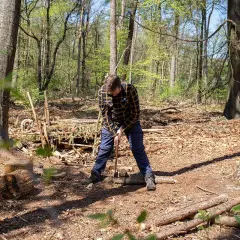 Un homme en chemise à carreaux est en pleine forêt, occupé à faire du petit bois avec une hache. Le sol est couvert de feuilles mortes et de branches.
