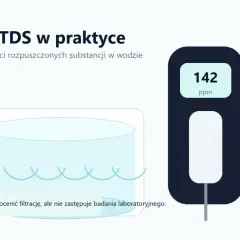 Miernik TDS pokazuje 142 ppm, czyli ilość rozpuszczonych substancji w wodzie pitnej. Wynik pomaga ocenić filtrację.