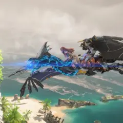 Aloy na latającej maszynie przemierza tropikalne wyspy w Horizon Forbidden West Burning Shores.