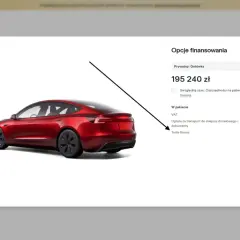 Czerwony Tesla Model 3, cena 195 240 zł. Opcje finansowania obejmują VAT, transport i Tesla Bonus.