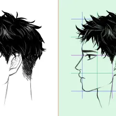 Dos dibujos de perfil de un chico con pelo negro despeinado. Uno sobre fondo blanco, el otro con dibujos en cuadricula de guía.