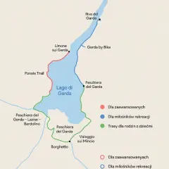 Mapa szlaków wokół garda miasto. Kolory oznaczają trasy dla zaawansowanych, rekreacyjne i rodzinne.