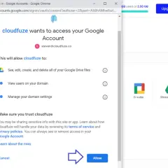 CloudFuze requests access to your Google Account to transfer OneDrive to Google Drive. Click "Allow" to grant permissions.
