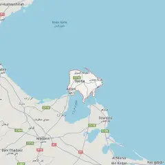 Mapa pokazuje, gdzie leży Djerba, wyspa na południe od Kabis i na wschód od Madanin, w Tunezji.