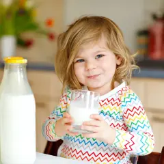 Bambina sorridente con bicchiere di latte vaccino cos'è. Due bottiglie di latte fresco sul tavolo.