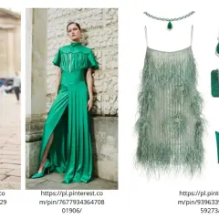Kobieta w złotej spódnicy i futrzanej kurtce, elegancka zielona suknia, sukienka z piórami, biżuteria i buty w odcieniu kolor szmaragdowy.