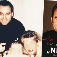 Nikodem Skotarczak z rodziną, obok okładka książki o jego życiu.