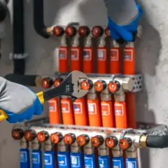Instalator dokręca kluczem połączenie na rozdzielaczu grzejnikowym. Pokazuje to, jak podłączyć rozdzielacz do grzejników.