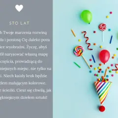 Kolorowe życzenia urodzinowe dla chrzestnego: balony, lizaki i konfetti. Sto lat!