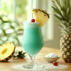 Niebieski, orzeźwiający malibu pina colada z ananasem i wiśnią, otoczony owocami i kokosową posypką. Idealny na wakacje!