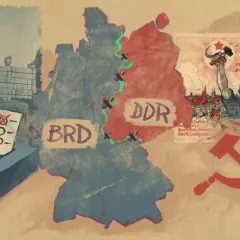 Deutschland geteilt in BRD und DDR, Symbole des Kalten Krieges: Wahlurne, Coca-Cola, sowjetische Propaganda.
