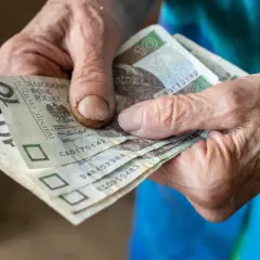 Dłonie starszej osoby trzymają polskie banknoty dziesięciozłotowe.