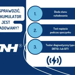 Jak sprawdzić, ile powinien mieć naładowany akumulator: dioda stanu, test napięcia, tester diagnostyczny. Logo TNH.