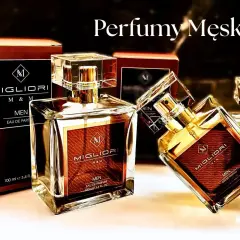 Eleganckie perfumy męskie Migliori, które utrwalają zapachy na długo. Złote akcenty i szklane flakony.