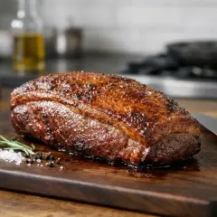 Un rôti de bœuf juteux, prêt à être dégusté, avec des épices et une branche de romarin sur une planche en bois. Le fumoir a fait son œuvre.