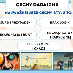Dadaizm: absurd, brak logiki, prowokacja, negacja sztuki tradycyjnej, eksperyment i chaos. Obrazy odzwierciedlają tę definicję.