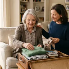 Zwei Frauen packen Koffer für Kurzzeitpflege. Die jüngere hilft der älteren, Kleidung für den Aufenthalt zu organisieren. Der Entlastungsbetrag kann hierbei unterstützen.
