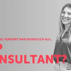 Fragezeichen-Blase neben Text: "Wie viel verdient man eigentlich als... SAP CONSULTANT?". Junge Frau lächelt. Marktforschung Jobs.