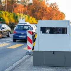 Un radar de chantier surveille la circulation sur une route bordée d'arbres aux couleurs d'automne. Des voitures passent devant.