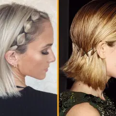 Dos estilos de peinados pelo corto: una trenza de burbujas y un recogido con horquillas cruzadas.