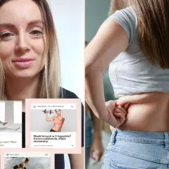 Kobieta pokazuje obwisły brzuch po ciąży. Obok grafiki z ćwiczeniami i hasłem "Płaski brzuch w 2 tygodnie?".