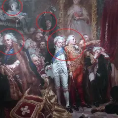 Obraz "Rejtan. Upadek Polski" Jana Matejki. Wskazane postacie, w tym Rejtan, ukazują dramatyzm wydarzeń.