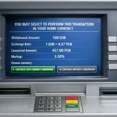 Bankomat pokazuje kurs wymiany 1 EUR = 4,57 PLN z marżą 3,50%. Zastanawiasz się nad Santander konto walutowe opłaty?