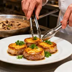 Un chef dépose délicatement des médaillons de filet mignon de veau sur une assiette blanche, ornés de persil frais. Une sauce aux champignons crémeuse mijote dans une poêle en arrière-plan.