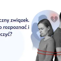 Para zgarbiona, związana sznurkiem, z pękniętym sercem w tle. Obraz symbolizuje toksyczny związek i trudności w jego zakończeniu.