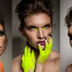 Trzy portrety kobiety podczas sesji beauty. Wyrazisty makijaż oczu i ust, neonowe akcenty na dłoniach i ramionach.