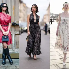 Eleganckie sukienki na wesele dla starszych pań: czerwona skórzana, czarna w grochy i kremowa w kwiaty.