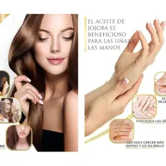 El aceite de jojoba propiedades: mejora el cabello (caspa, puntas abiertas, encrespado) y uñas (crecimiento, brillo, fortaleza).