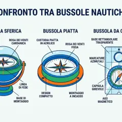 Illustrazione comparativa di tre bussole nautiche: sferica, piatta e da carteggio, utili per la ricerca.