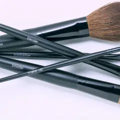 Un conjunto de brochas de maquillaje negras, etiquetadas como "blusher", "blender", "eyeshadow", "powder" y "make-up", listas para una limpieza profunda.