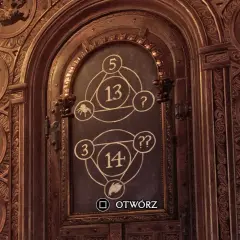 Drewniane drzwi z zagadkami w Hogwarcie. Na środku tablica z symbolami i liczbami, po bokach okręgi z wyrytymi stworzeniami.