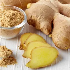 Frische Ingwerwurzeln, Scheiben und Pulver in einer Schale. Getrockneter Ingwer gesund und vielseitig einsetzbar.
