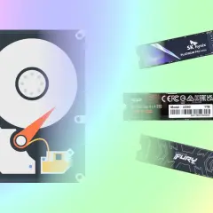 Klonowanie dysku za pomocą Macrium Reflect: dysk HDD i trzy dyski SSD M.2 na tęczowym tle.