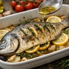 Dorade royale a la plancha, dorée et savoureuse, arrosée d'une sauce aux herbes, entourée de citrons, d'olives et d'ail.