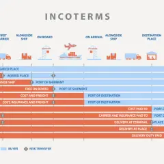 Übersicht der Incoterms: Von EXW bis DDP, mit Fokus auf FOB (free on board) und den Übergang von Verantwortung.