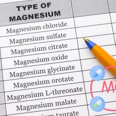 Tabela z rodzajami magnezu, w tym glicynian magnezu na co jest stosowany. Długopis i ikony tabletek.