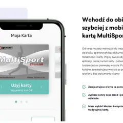 Ekran smartfona z aplikacją MultiSport i wirtualną kartą.