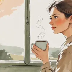 Una donna con una tazza di caffè fumante guarda fuori dalla finestra, un momento di pace che contrasta con il significato della vita frenetica.