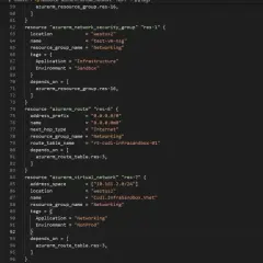 Code Terraform pour importer une ressource Azure, montrant la configuration d'un groupe de sécurité réseau et d'un réseau virtuel.