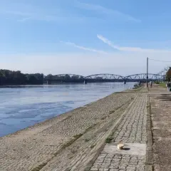 Spacerując po urokliwych trasach rowerowych Torunia, podziwiamy Wisłę i zabytkowy most.